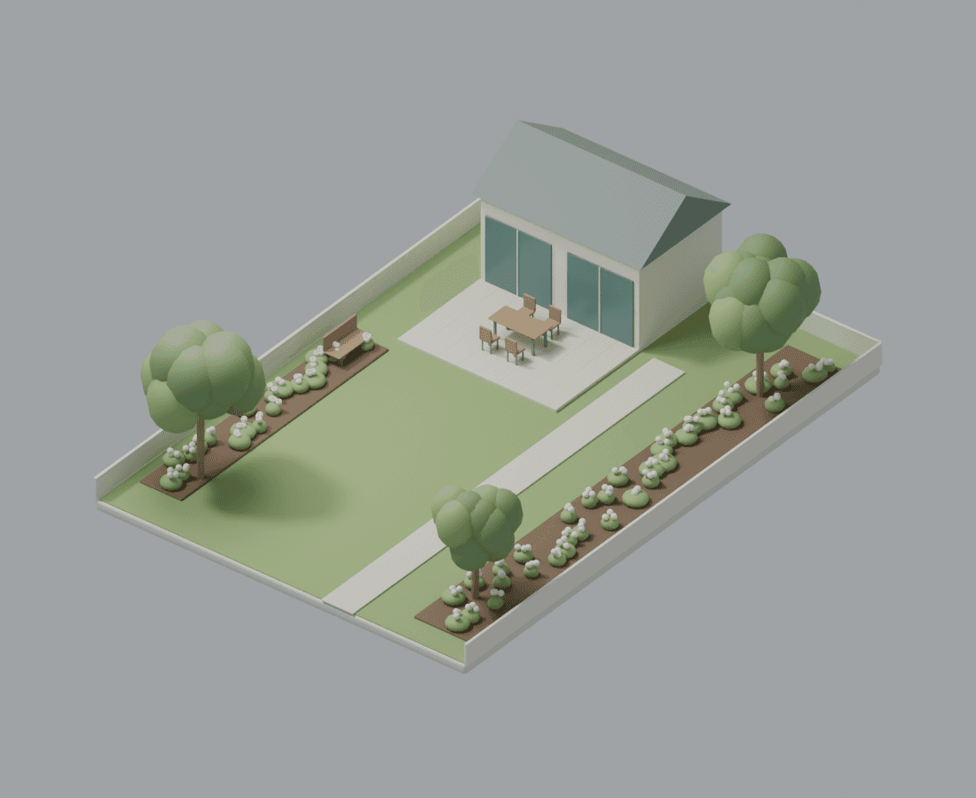 Vue 3D conceptuelle d’un jardin fictif, indépendante de la photo illustrée