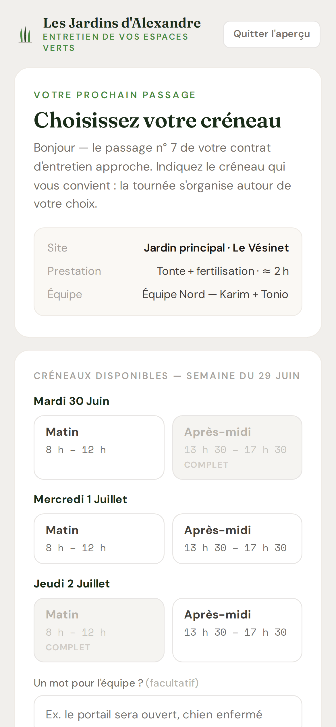Capture du prototype Hanami Pro : page mobile de choix du créneau pour un contrat d’entretien