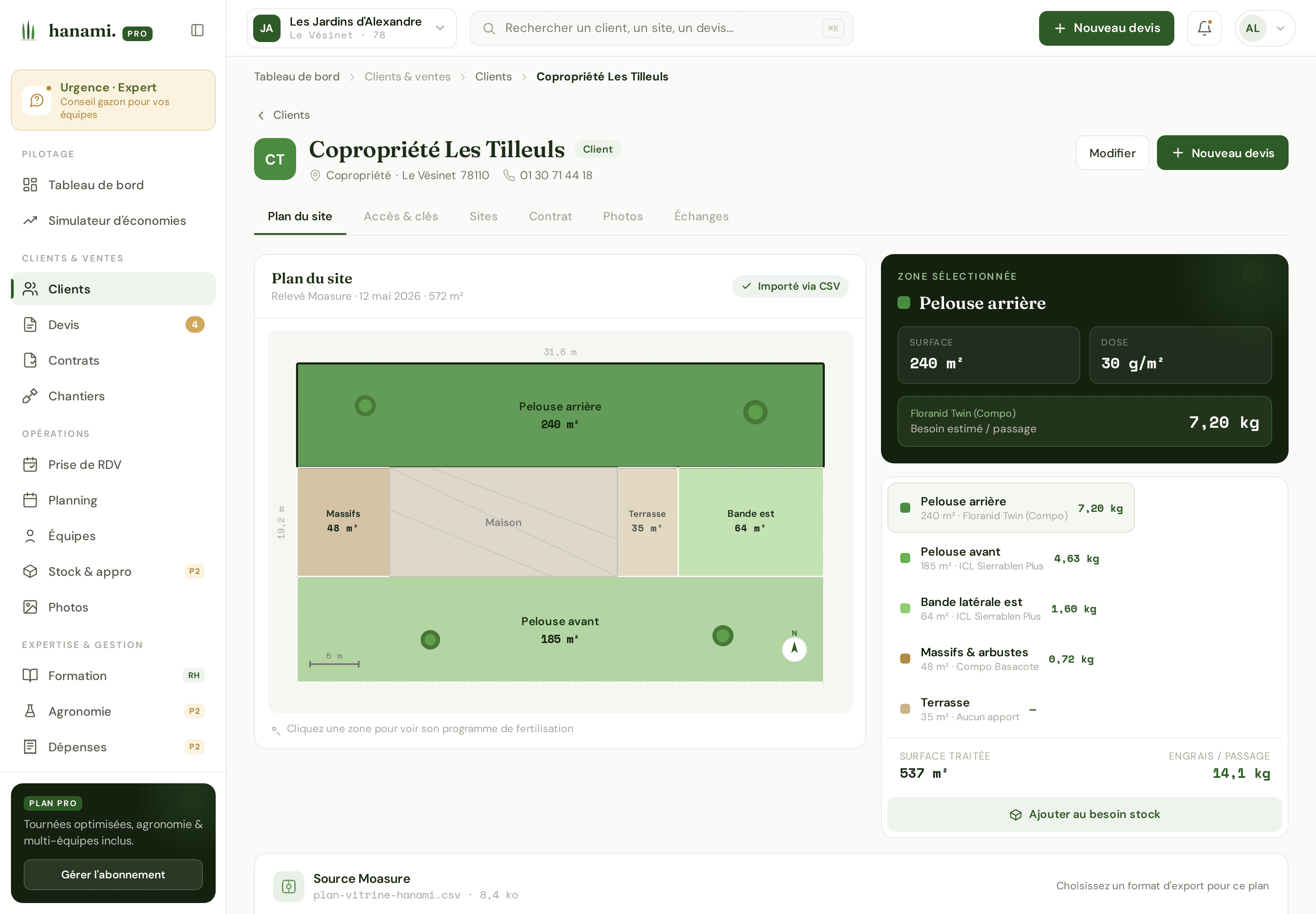 Capture du prototype Hanami Pro : fiche client avec plan du jardin, surfaces et dosages