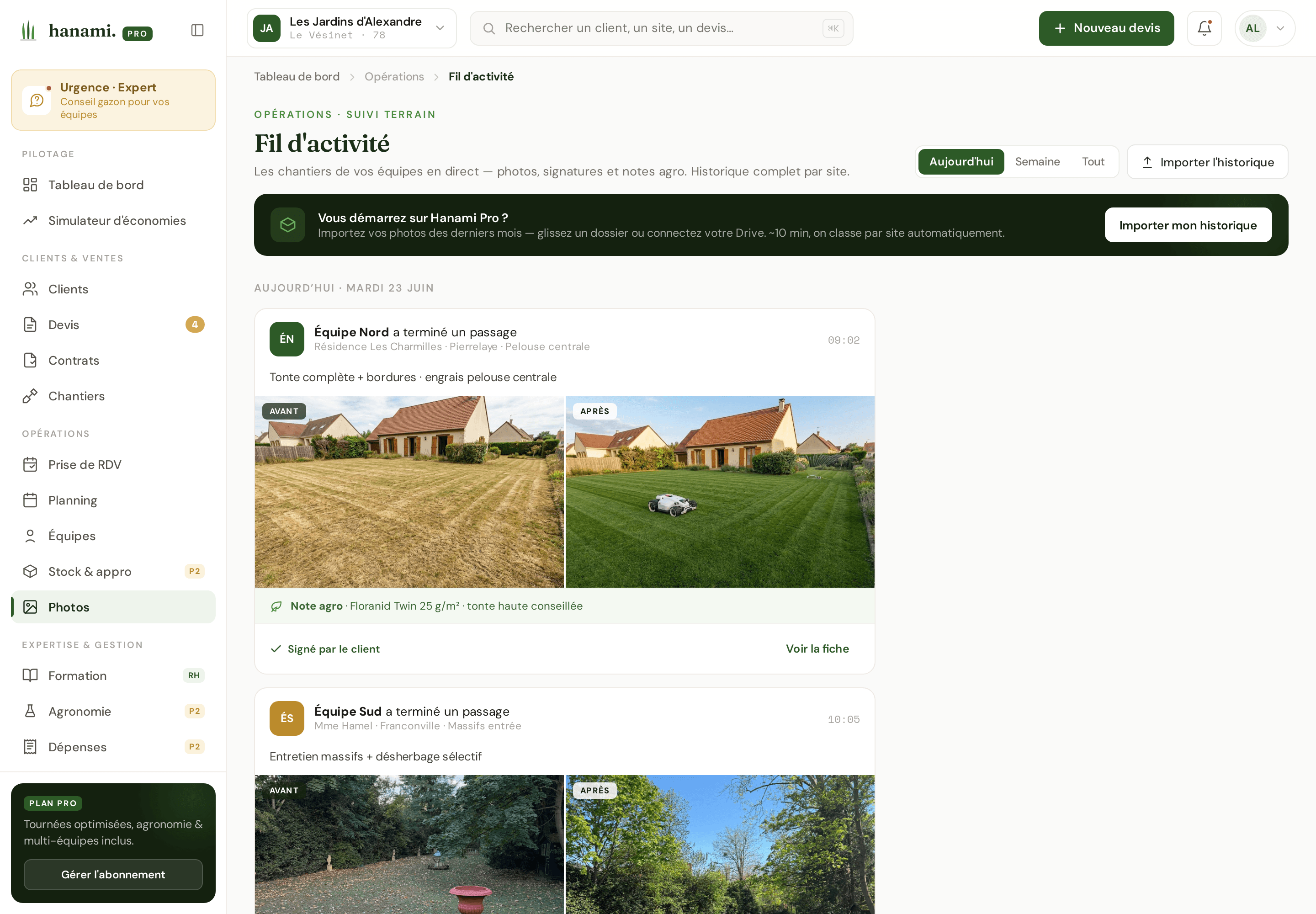 Capture du prototype Hanami Pro : fil d’activité avec comptes rendus et photos avant après des équipes