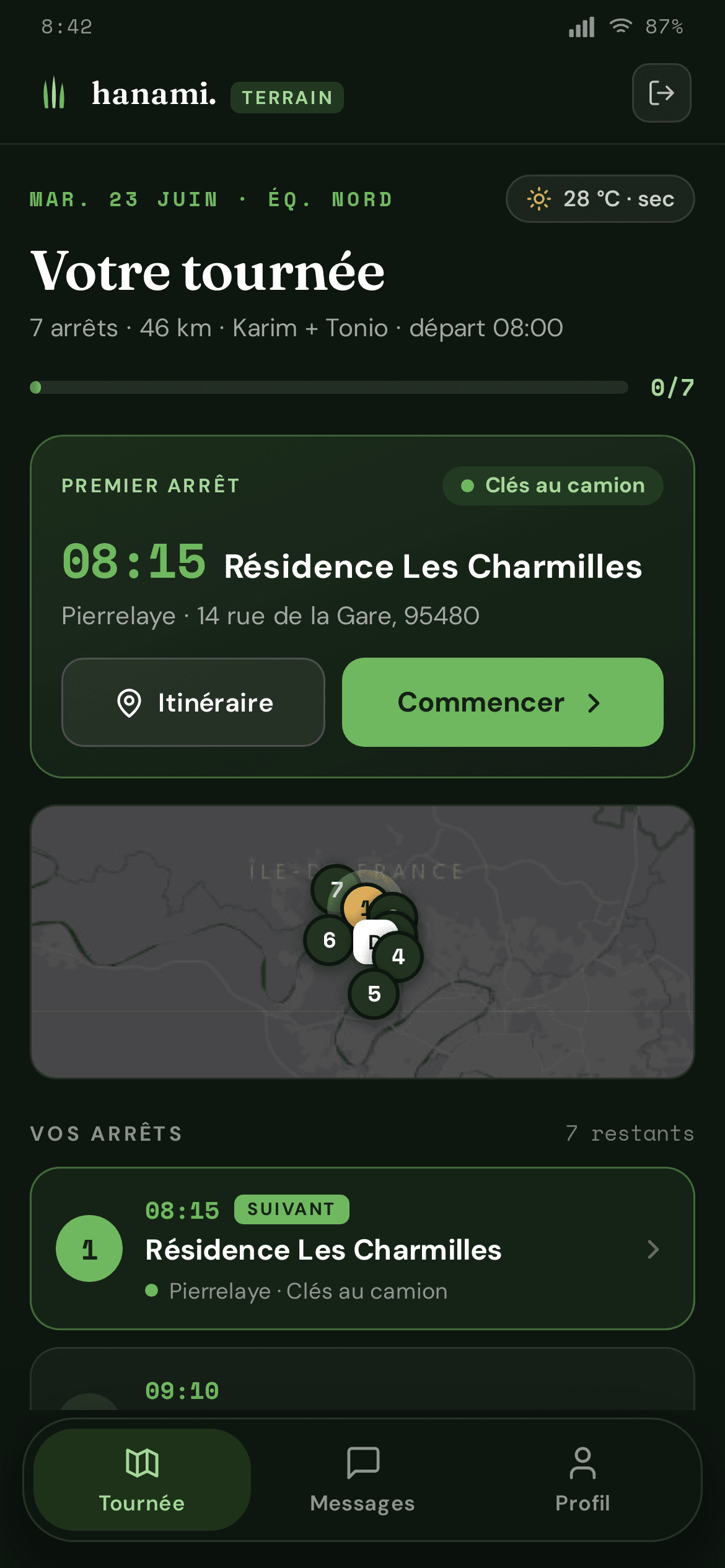 Capture mobile réelle du prototype Hanami Pro Terrain : tournée et prochain arrêt