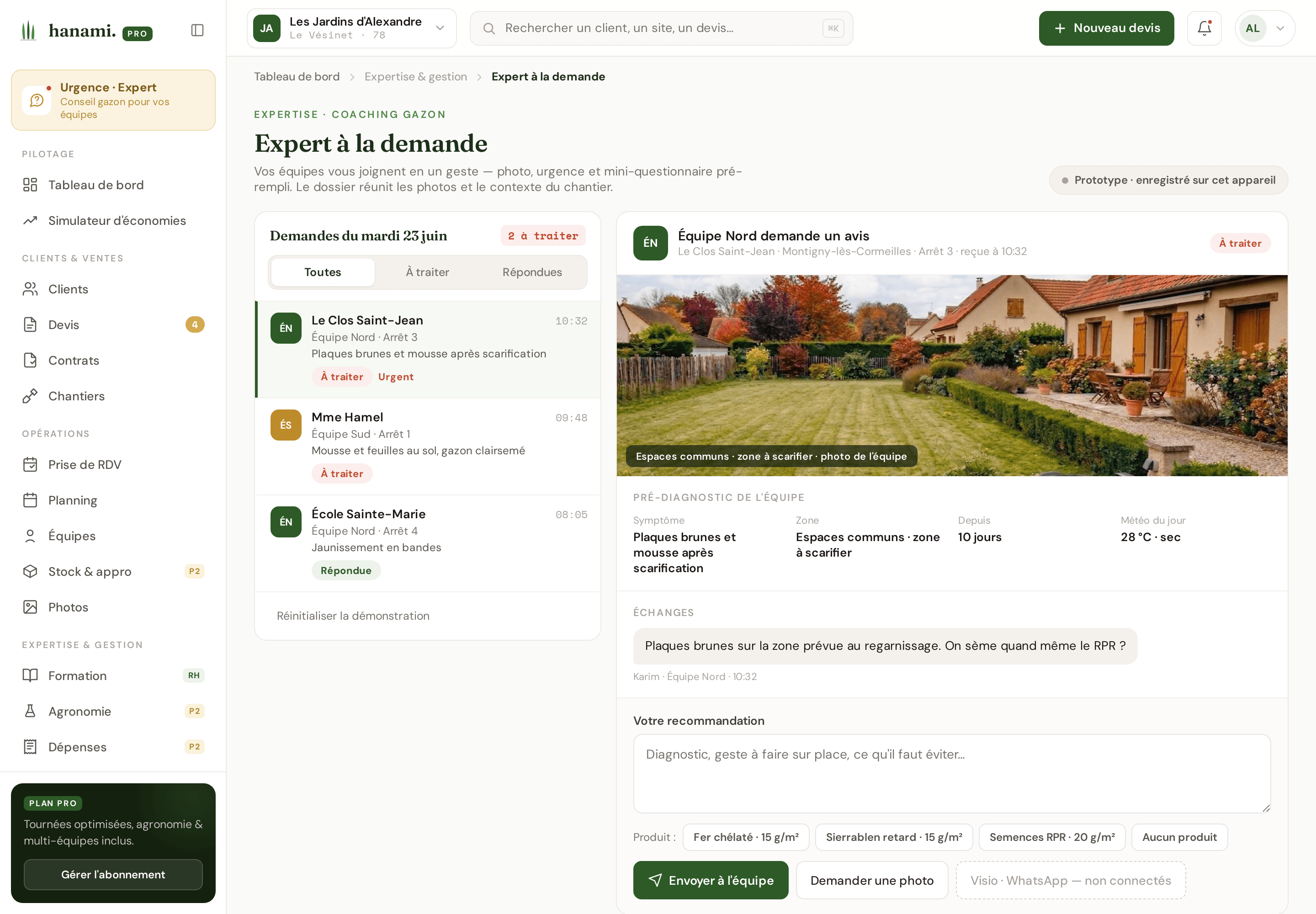 Capture du prototype Hanami Pro : demandes d’assistance gazon, échanges et rédaction d’une recommandation