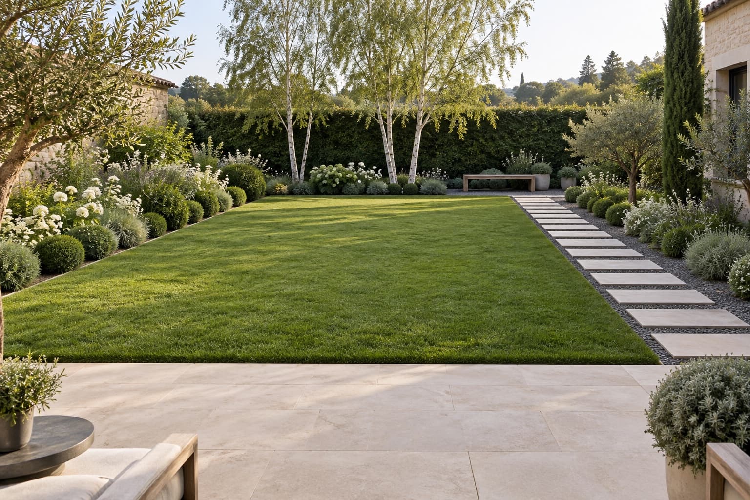 Jardin contemporain fictif avec pelouse rectangulaire et chemin de dalles sur gravier à droite