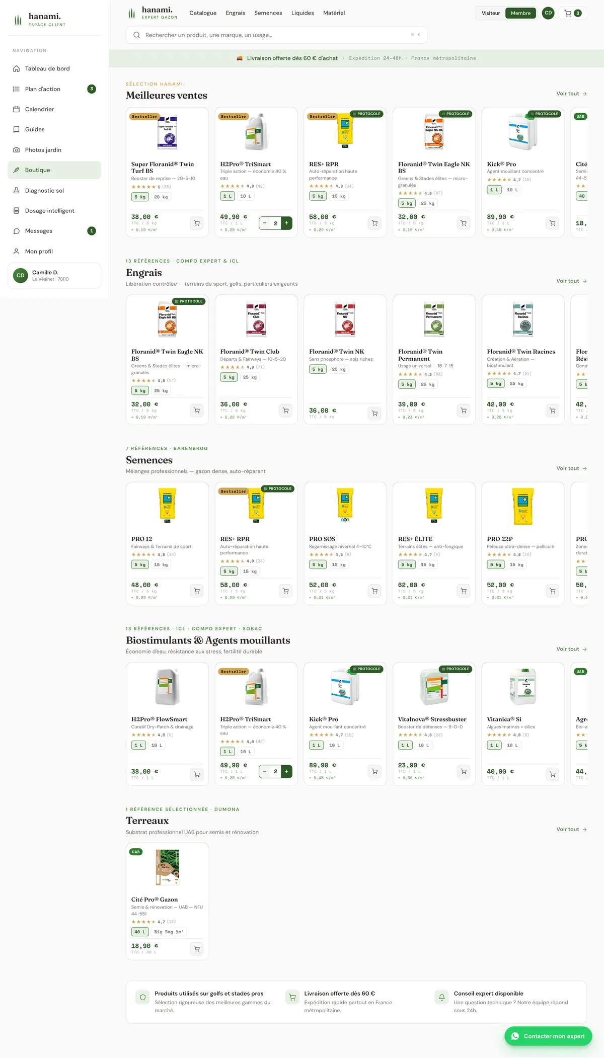 Boutique Hanami : produits professionnels sélectionnés par l'expert, doses pré-calculées sur la surface