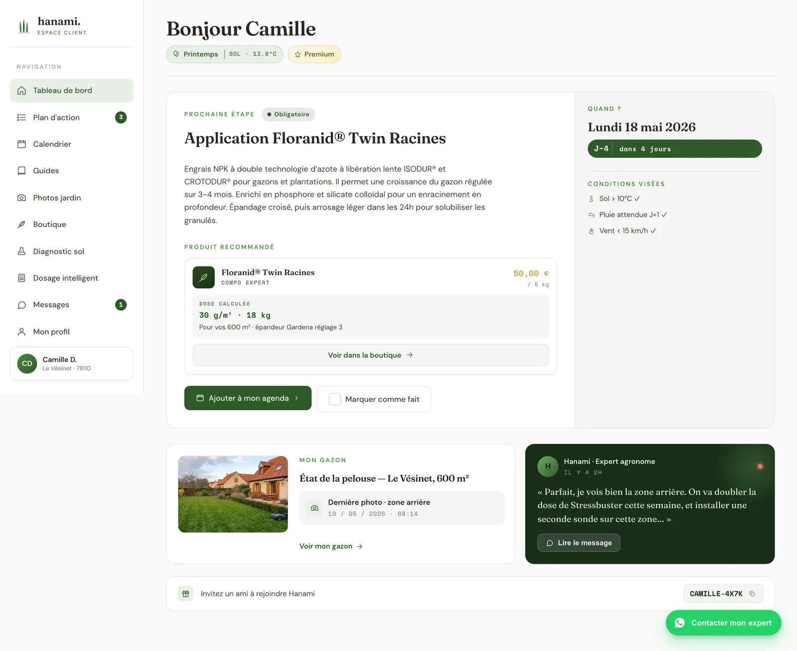 Tableau de bord de l'espace client Hanami : prochaine étape, produit recommandé et dose calculée sur la surface du jardin